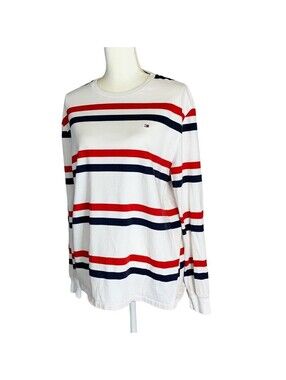 Tommy Hilfiger Striped Shirt Womens Large White Red Blue Long Sleeve Nautical
